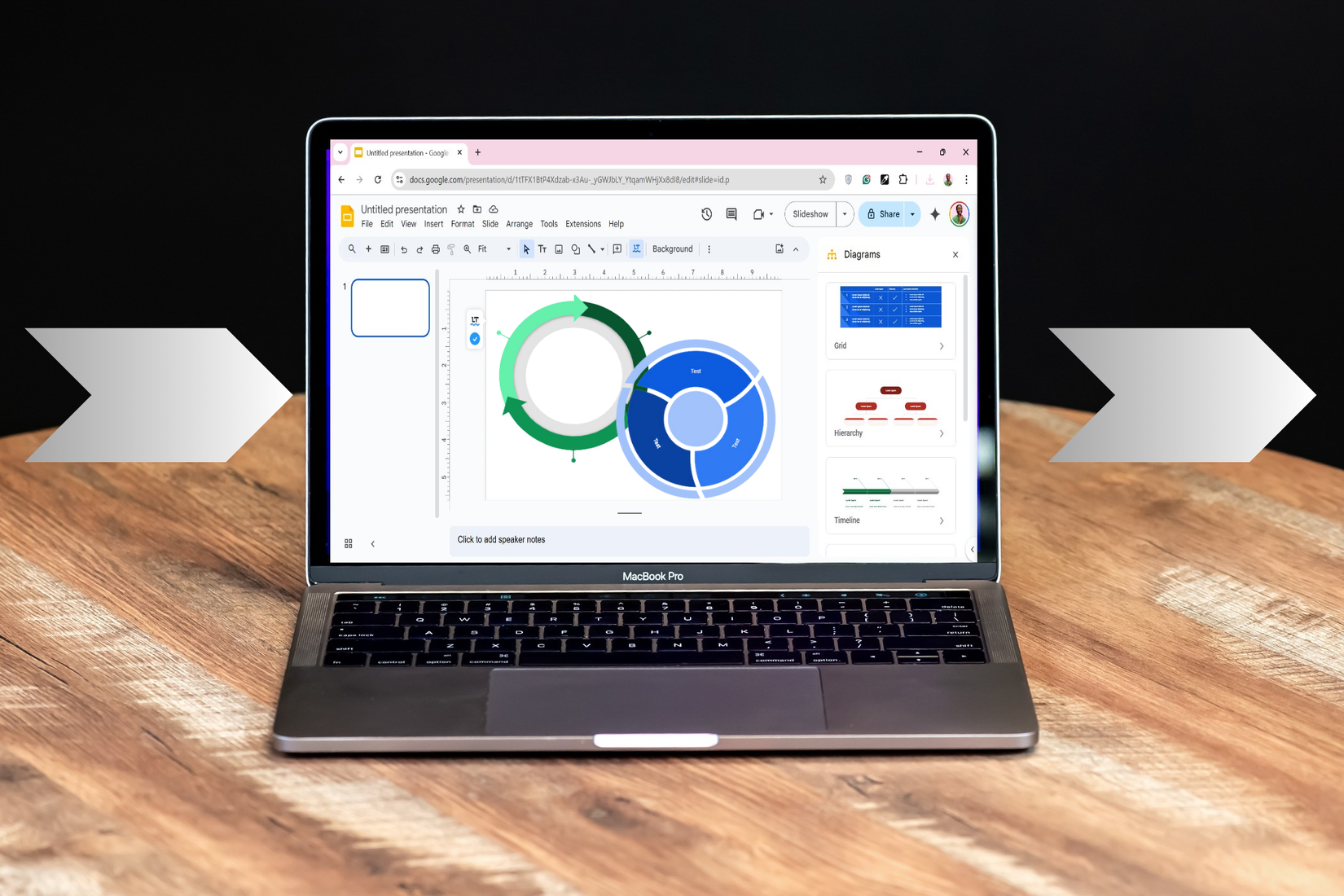 A laptop displaying Google Slides with some shapes on the table