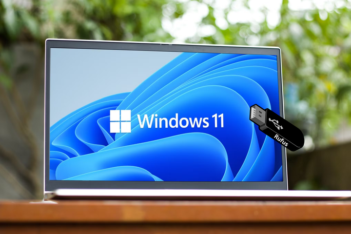 A laptop with Windows 11 logo and wallpaper and USB stick icon with Rufus logo