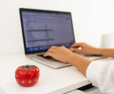 A pomodoro tomato next to a person working on a laptop implying pomodoro
