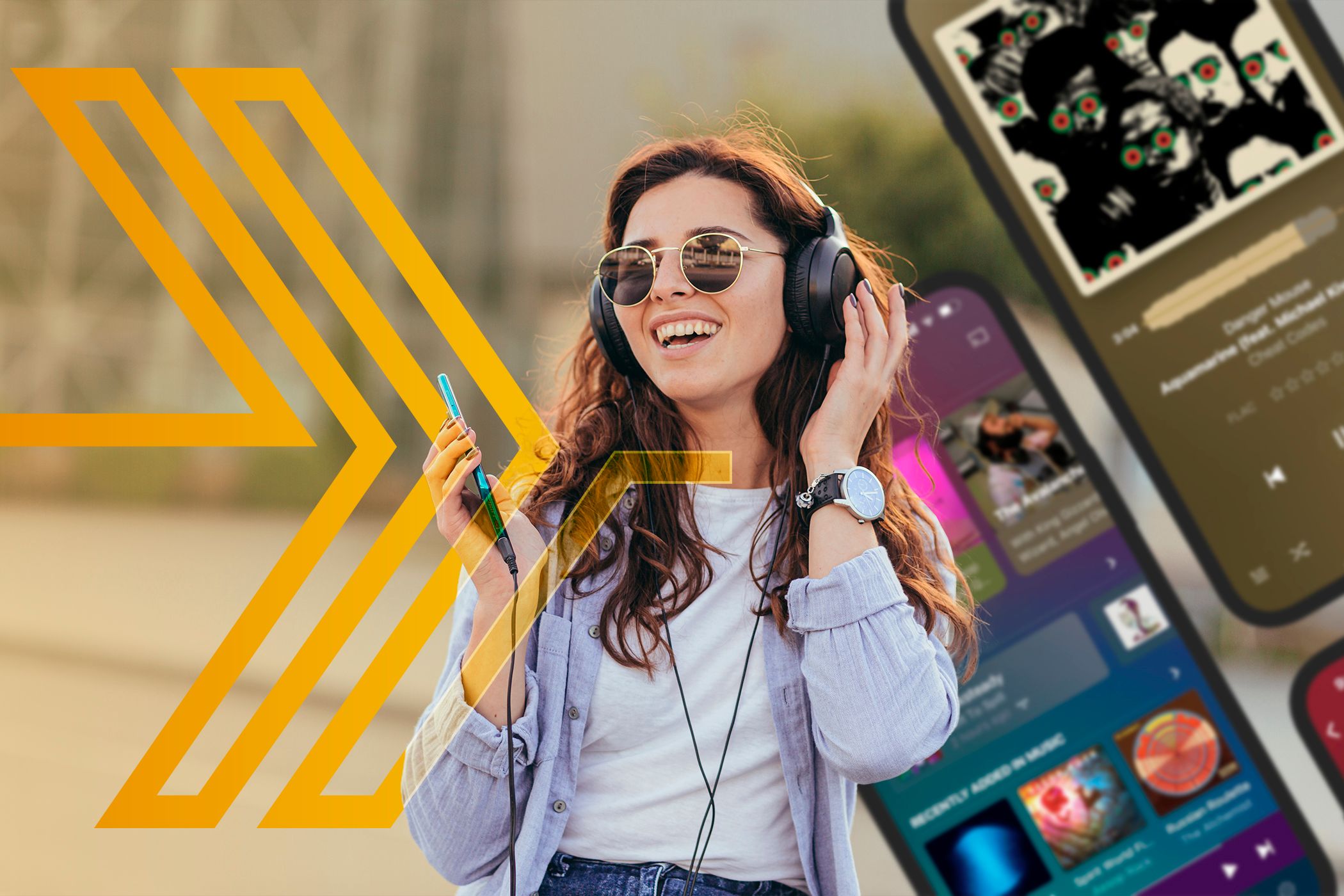A woman wearing headphones listening to music, with the Plexamp logo on the left and some screenshots on the right.