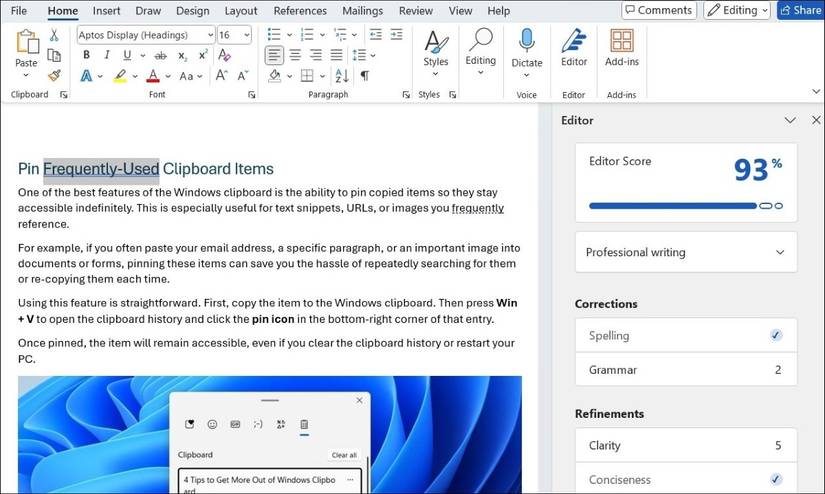 A Word Document With Microsoft Editor Open