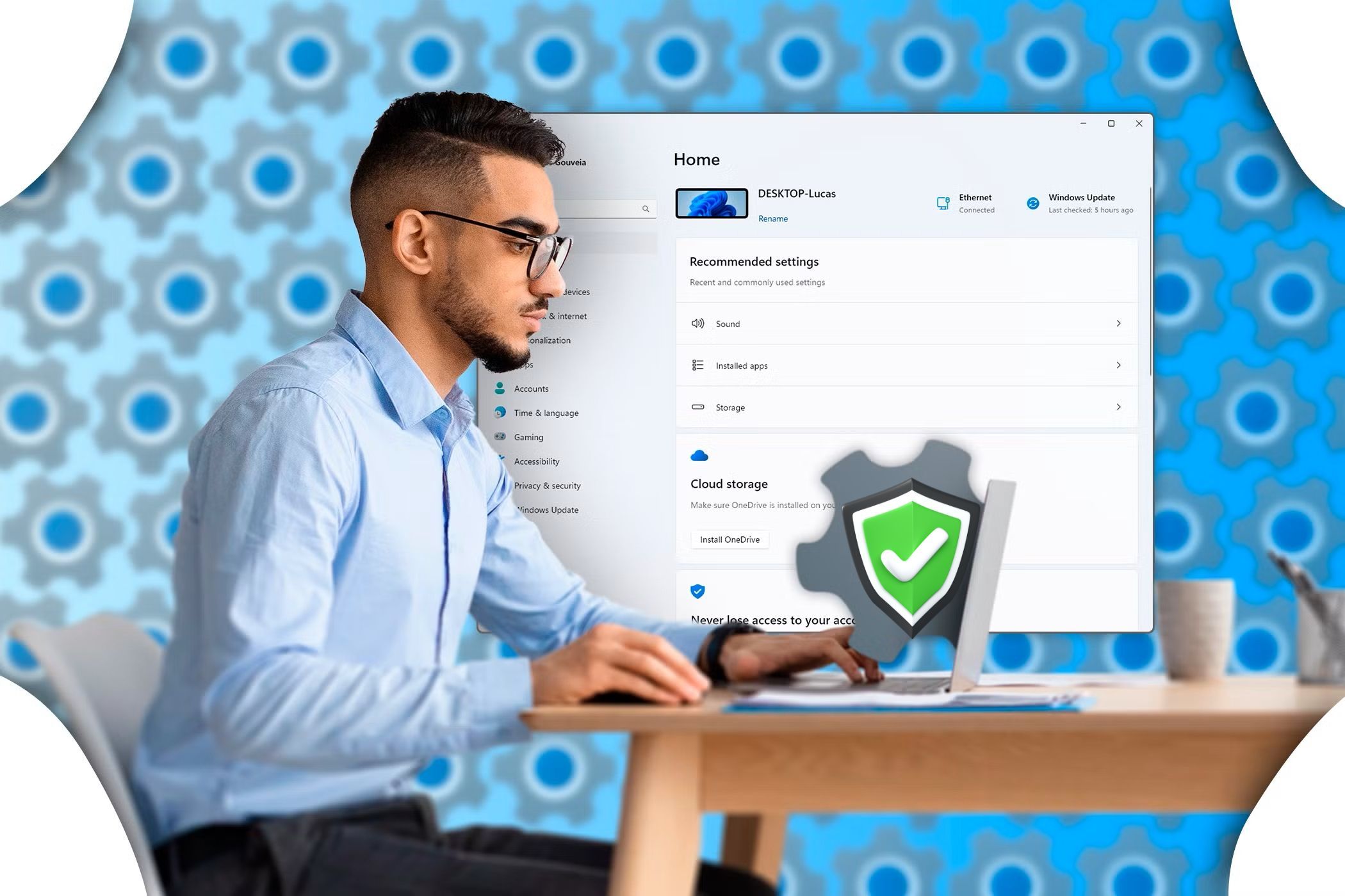 A young man using a laptop with a settings privacy icon emerging from the screen and the settings menu displayed in the background