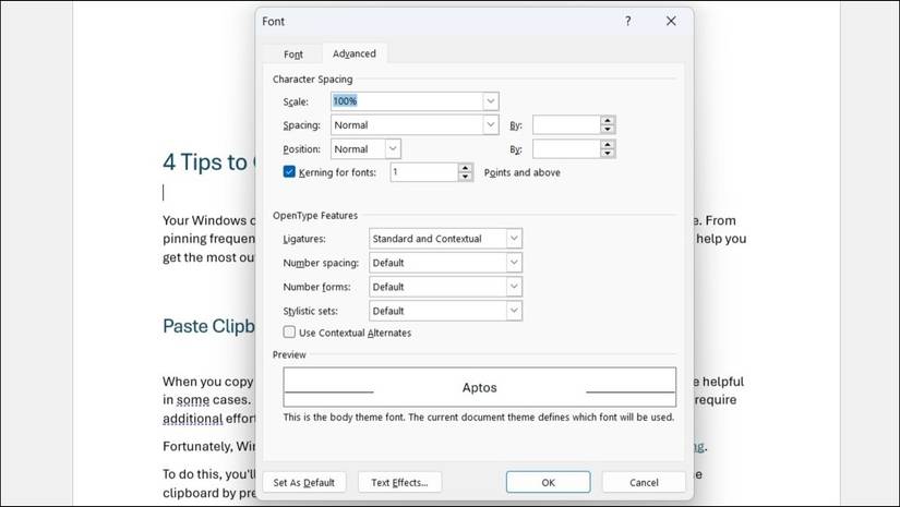 Advanced Font Options in Microsoft Word