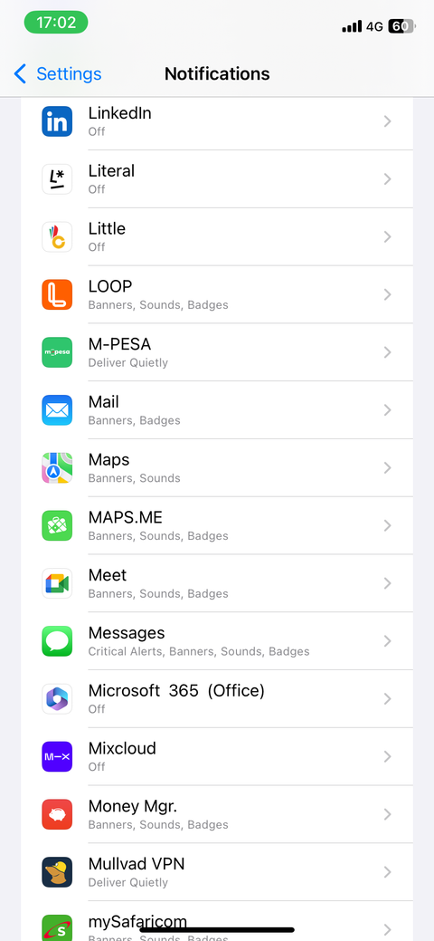 Apps list in notification settings