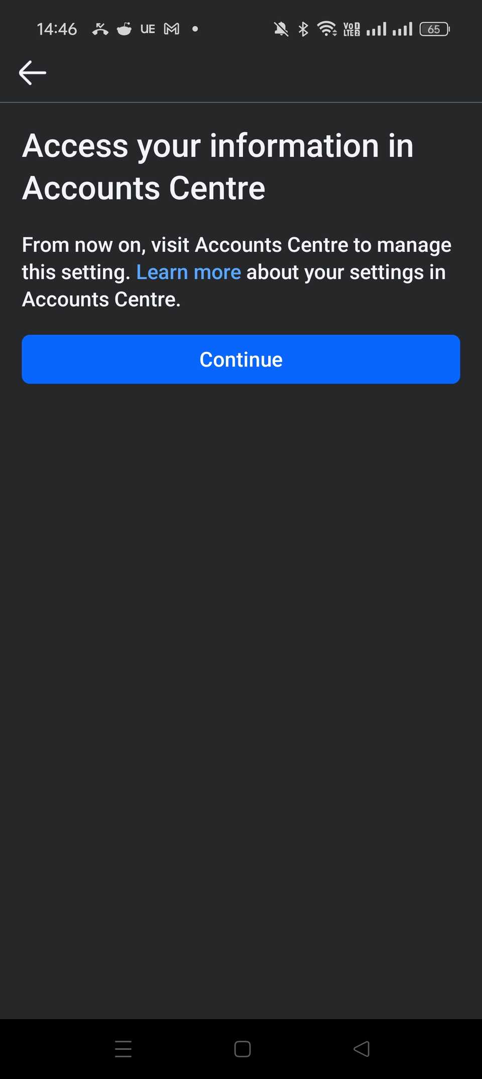 continue button for facebook accounts centre