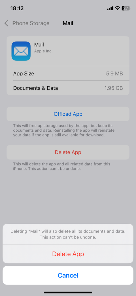 Delete Mail app confirmation