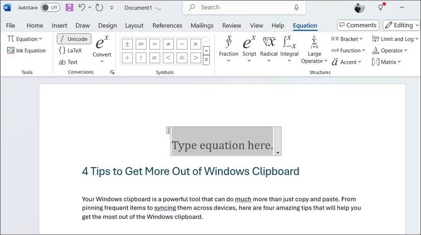 Entering Equations in Microsoft Word