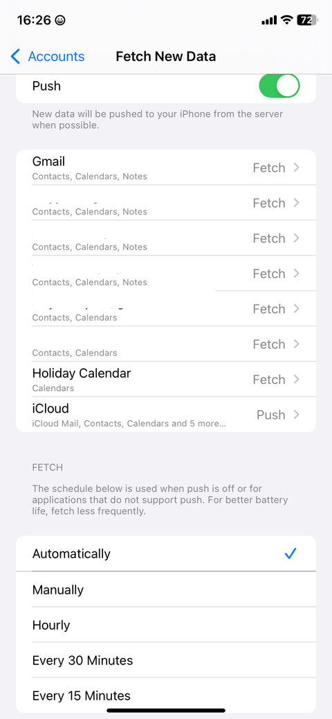 Fetch data strategy page in Mail Settings