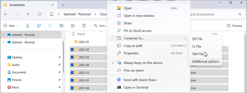 File Explorer content menu in Windows 11