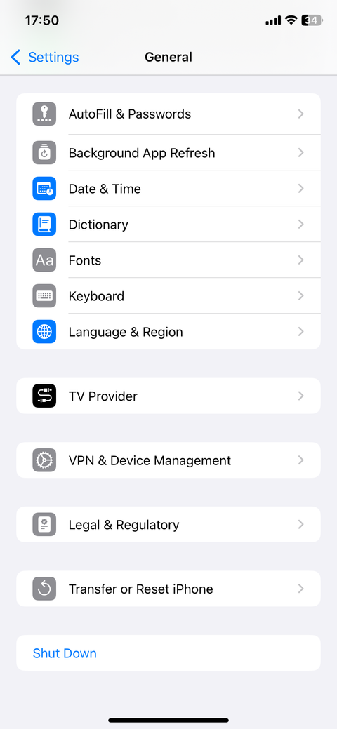 General settings page on iPhone