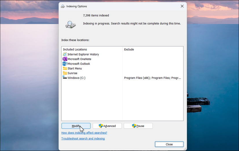 Indexing option dialog open in Windows 11 desktop