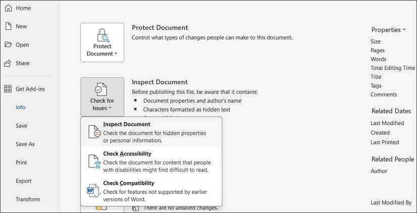 Inspect Document Feature in Word