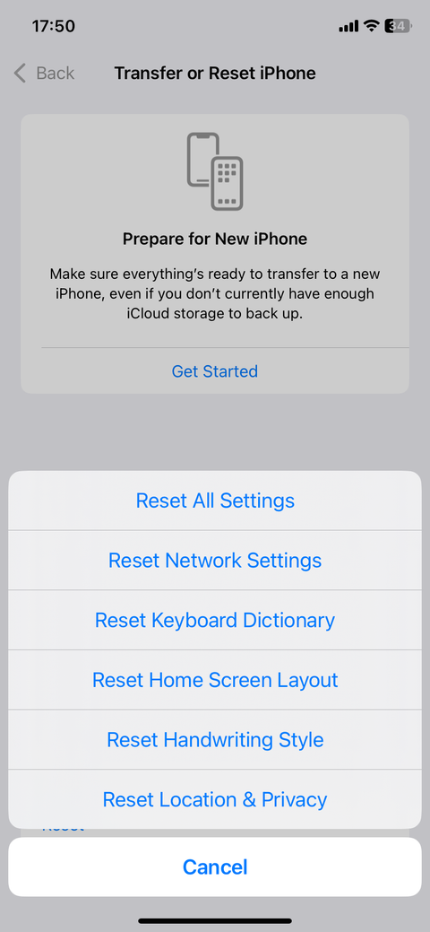 iPhone reset options