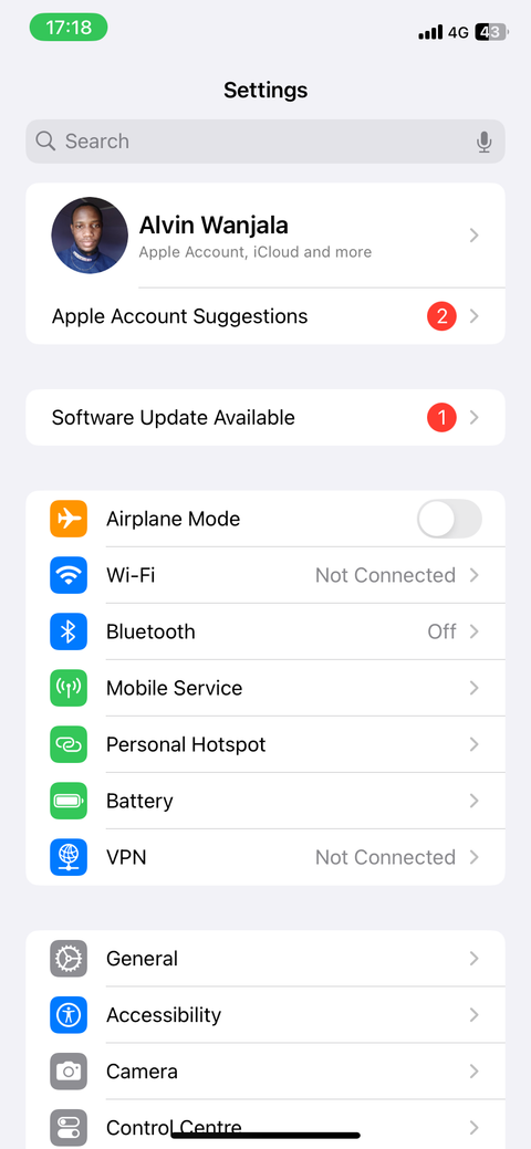 iPhone Settings app home page