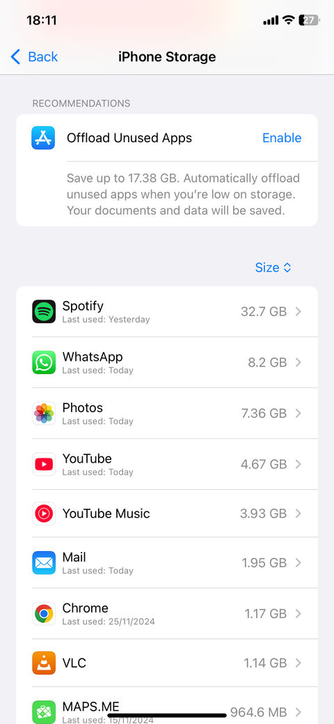 iPhone storage settings page