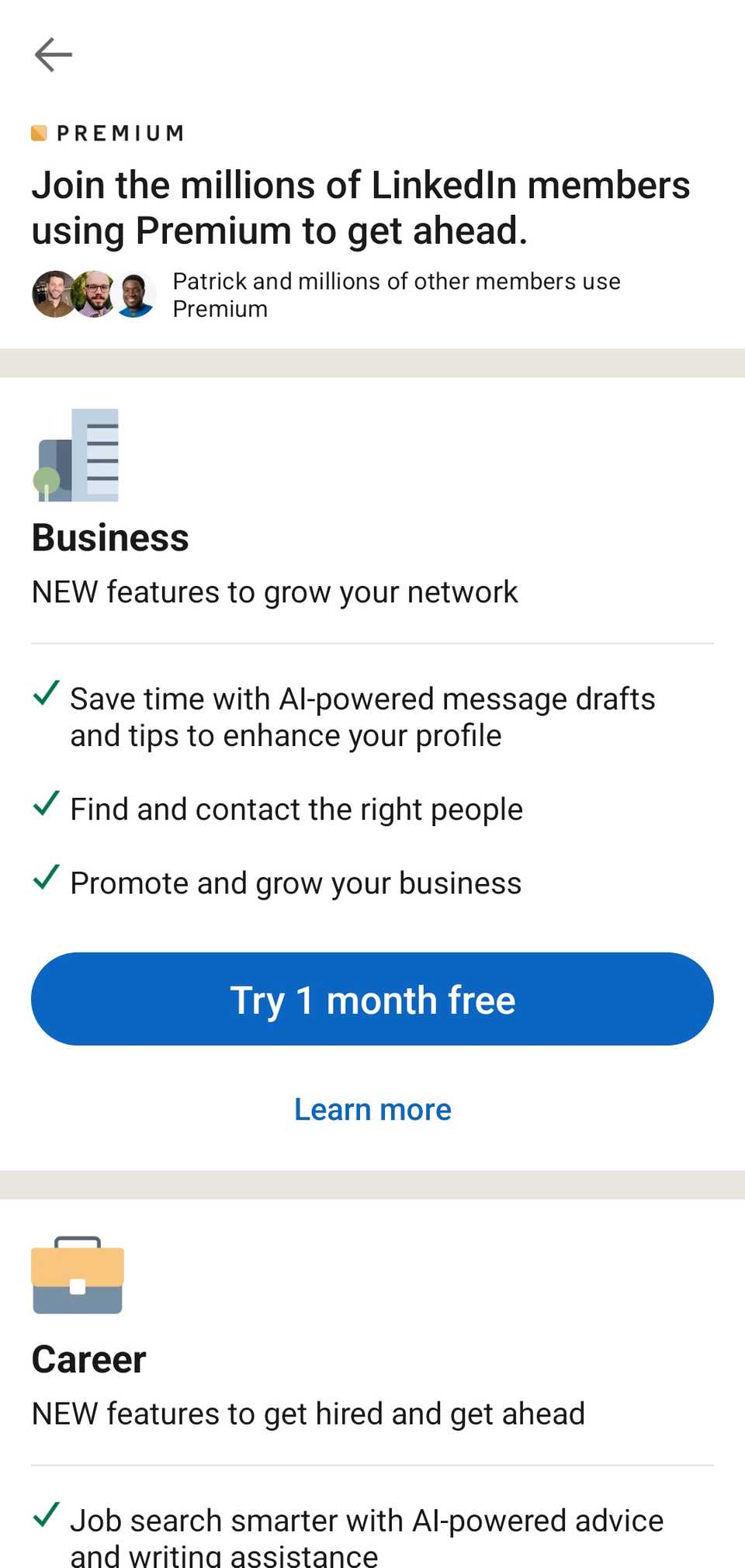 linkedin premium page on mobile