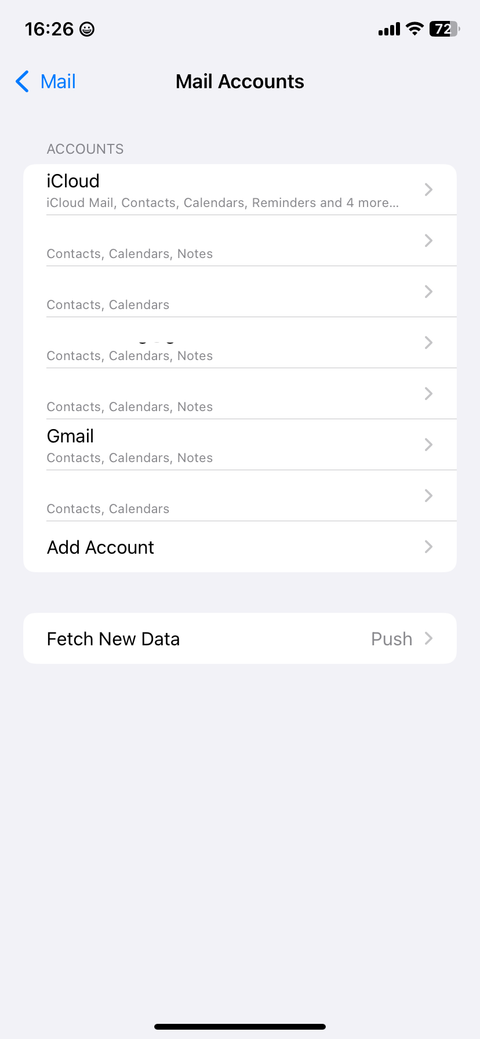 Mail Accounts page in iOS