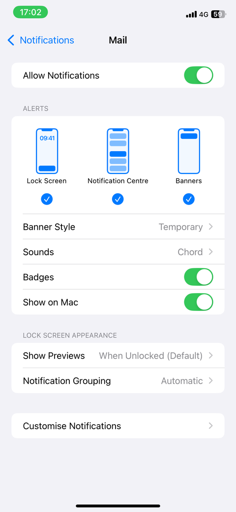 Mail notification settings on iPhone