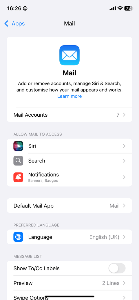 Mail settings page on iPhone