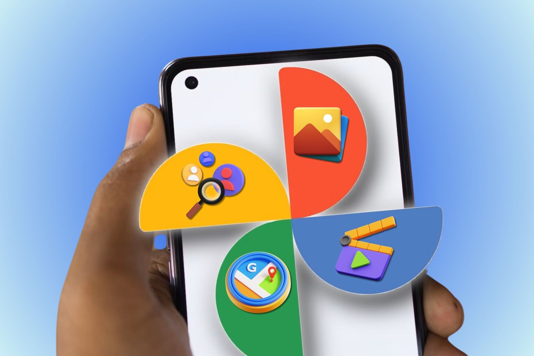 Man holding Android phone with Google Photos logo protruding out and a few icons