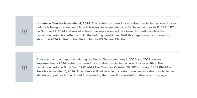 Two update message dialogues from Meta that clarify the company's restrictions on political ads
