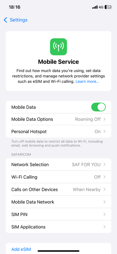 Mobile service settings options in iPhone settings