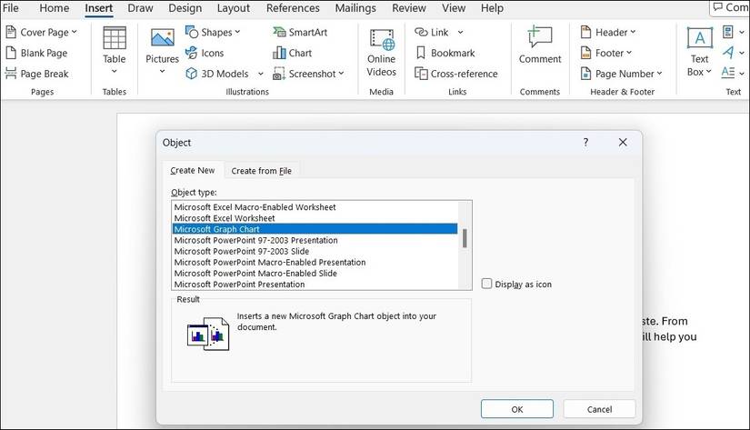 Object Dialog Box With Microsoft Chart Graph Option Selected in Word