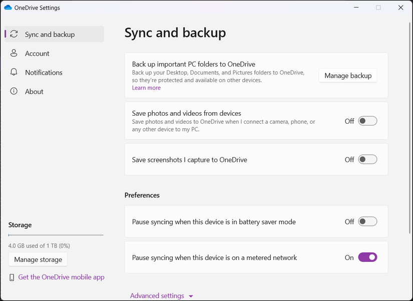 OneDrive app settings in WIndows 11
