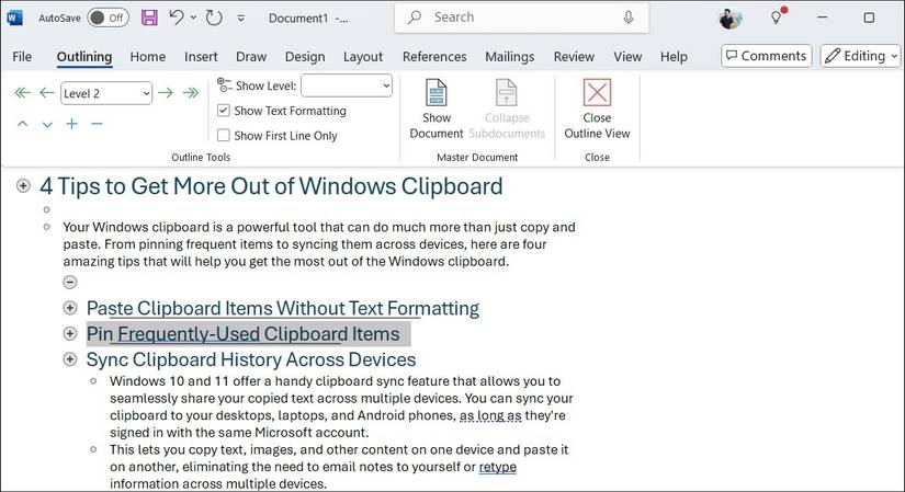 Outlining Tab in Microsoft Word