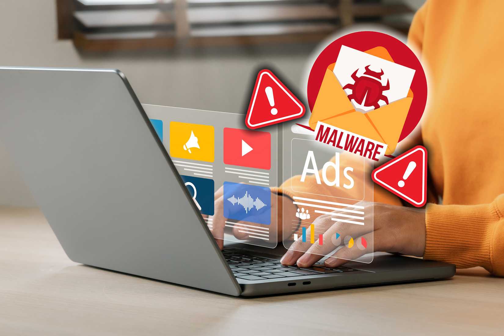 person browsing internet on laptop with malware sign