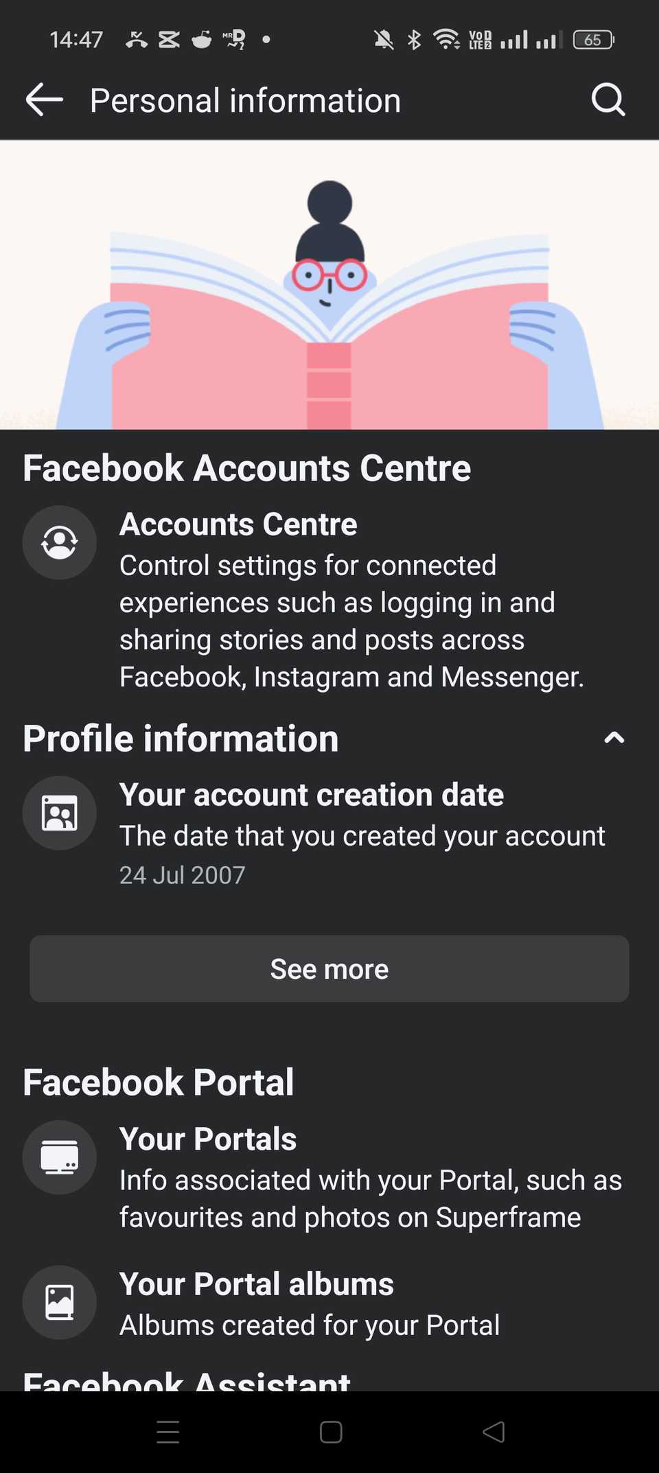 personal information tab on facebook with account creation date