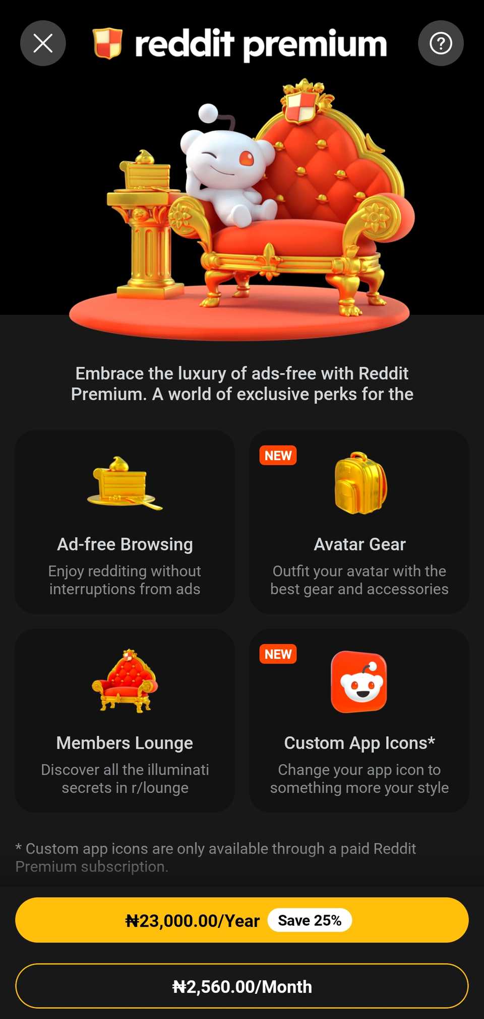 reddit premium page on mobile