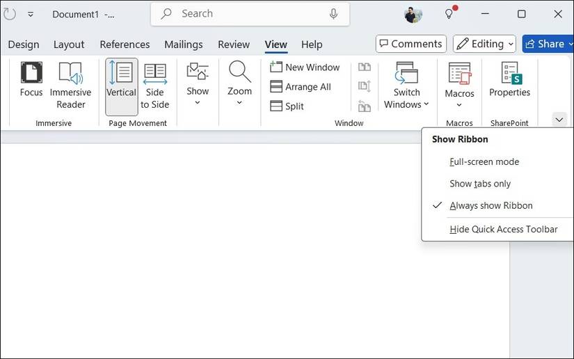 Ribbon Display Menu in Microsoft Word