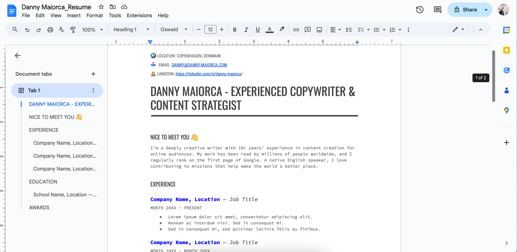 Google Docs Profile Introduction How I Create a Professional-Looking Resume in Google Docs