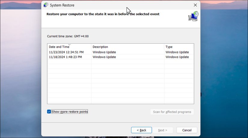 System Restore dialog in Windows 11 with the available restore points