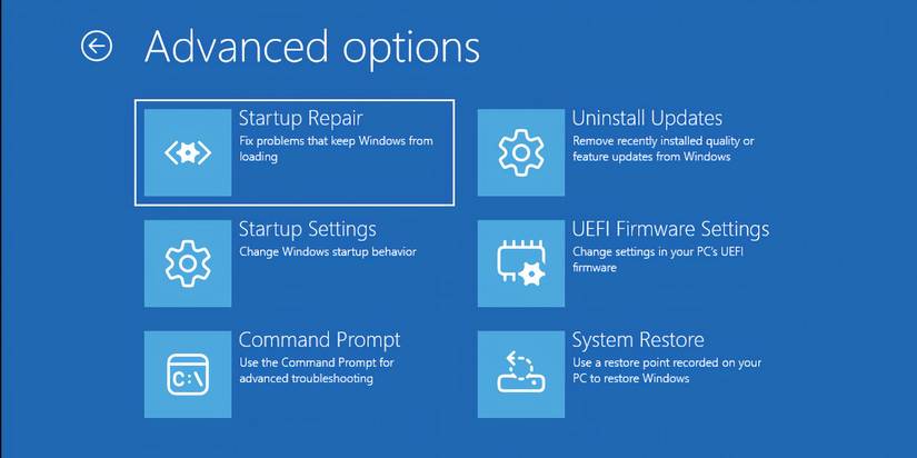 The Windows Recovery Environment page with the Startup repair option selected
