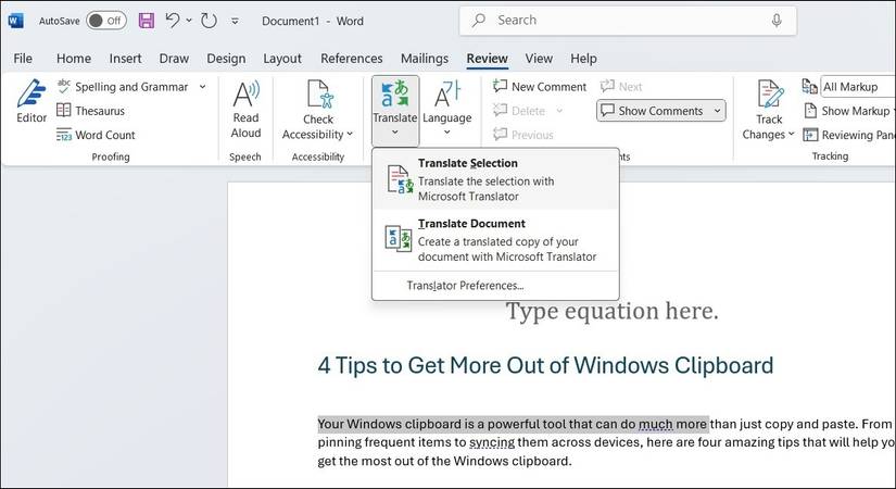 Translate Options in Microsoft Word
