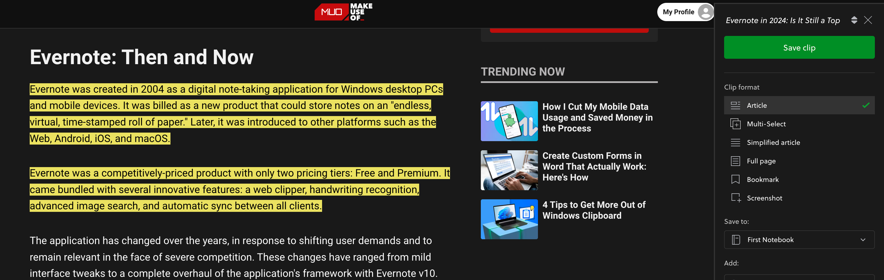 EvernoteのWeb Clipper拡張機能でWebページを保存している画面。保存形式やノートブックの選択画面が表示されている