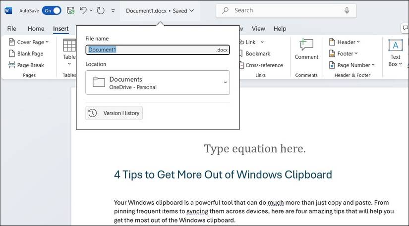 Version History Option in Word