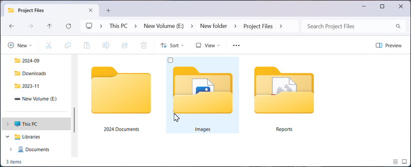 Windows 11 File Explorer with a project folder open