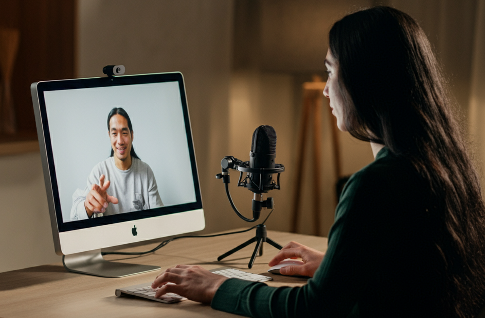 woman on video call with external mic and camera