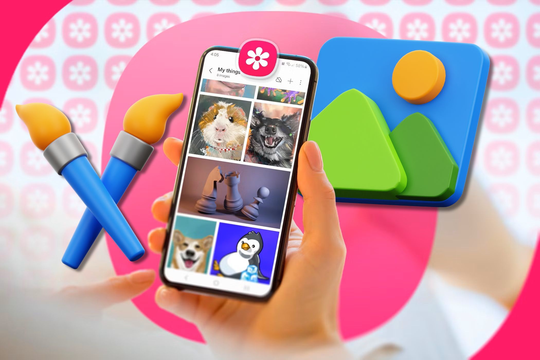 A hand holding a phone with Samsung Gallery app open and its logo at the top of the device with image and editing icons on either side