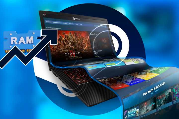 A laptop with the Steam store coming out of the screen and RAM stick