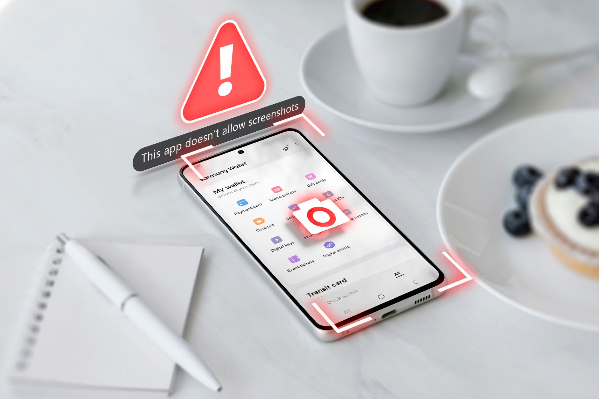 A phone attempting to take a screenshot of an app that doesn't allow it, with an exclamation mark.