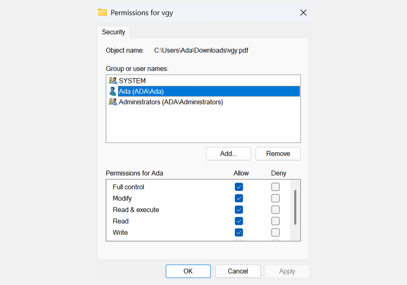 A screenshot showing the settings for changing permissions for users