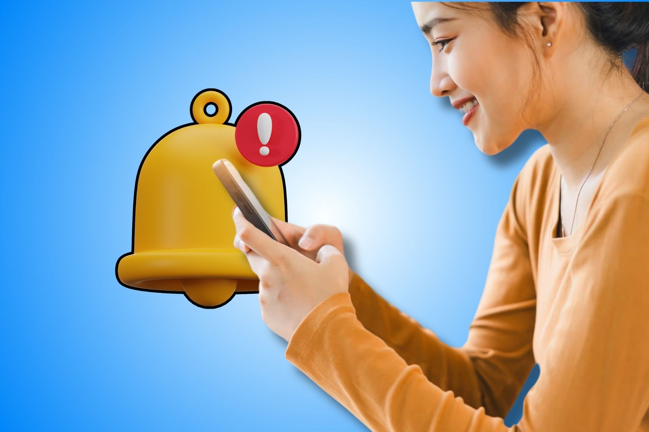 A woman checking her phone with notification bell in the background