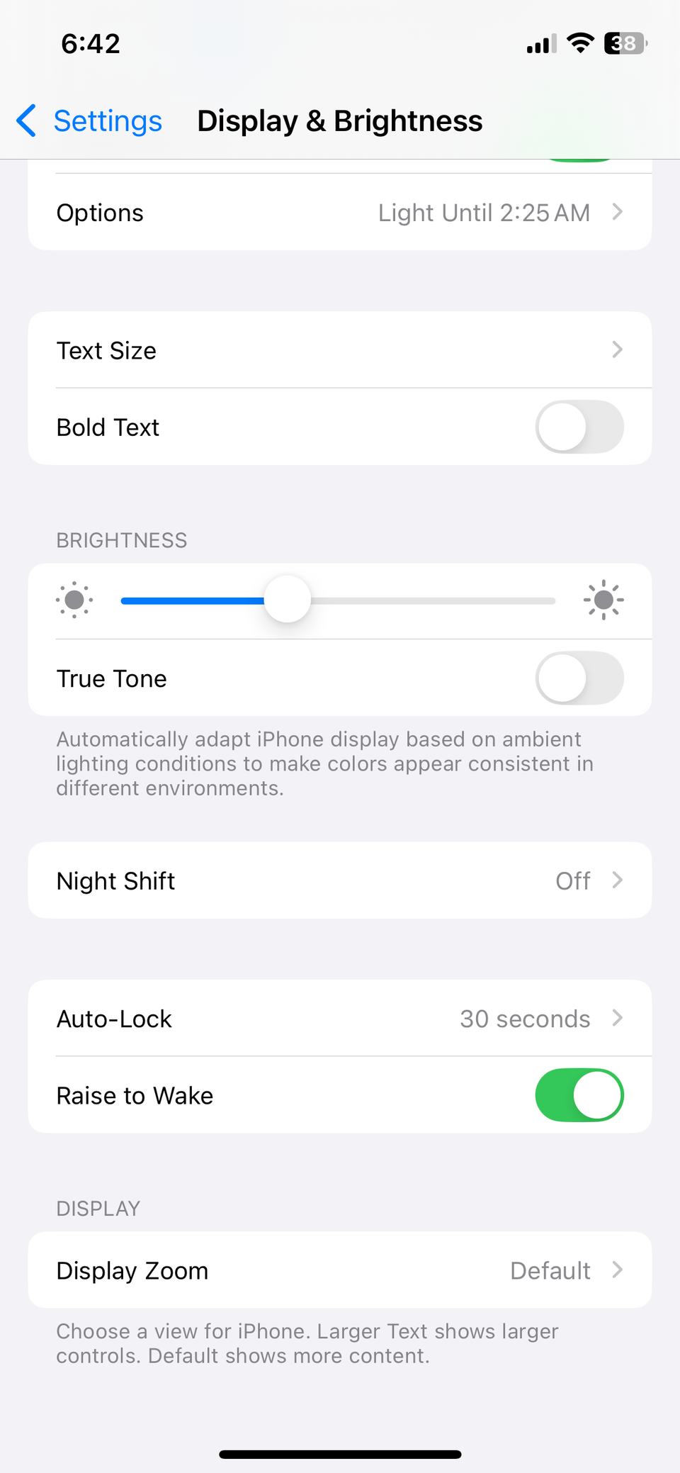 Display and brightness menu on iPhone