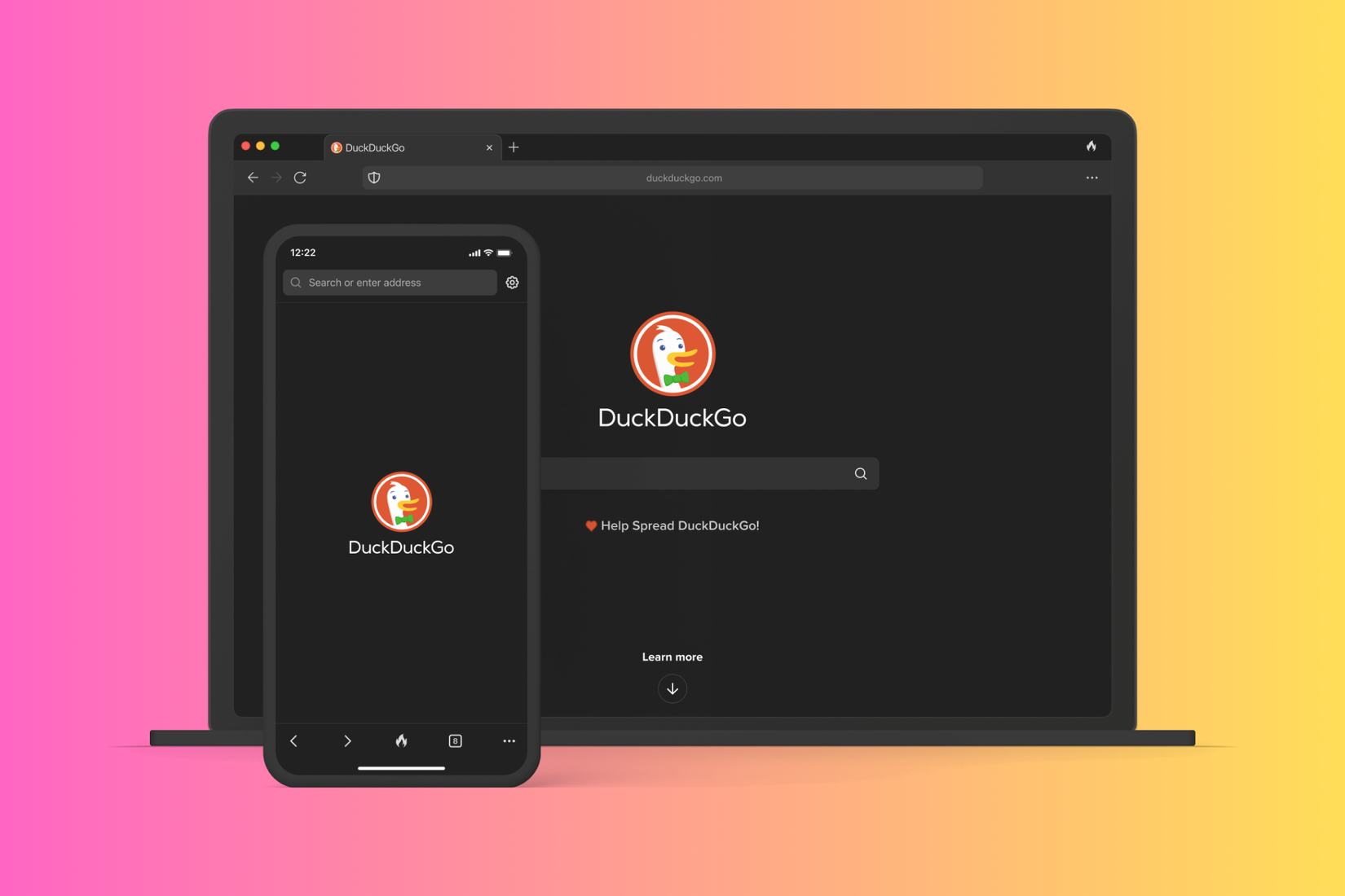 DuckDuckGo browser homepage on a laptop and mobile device mockup