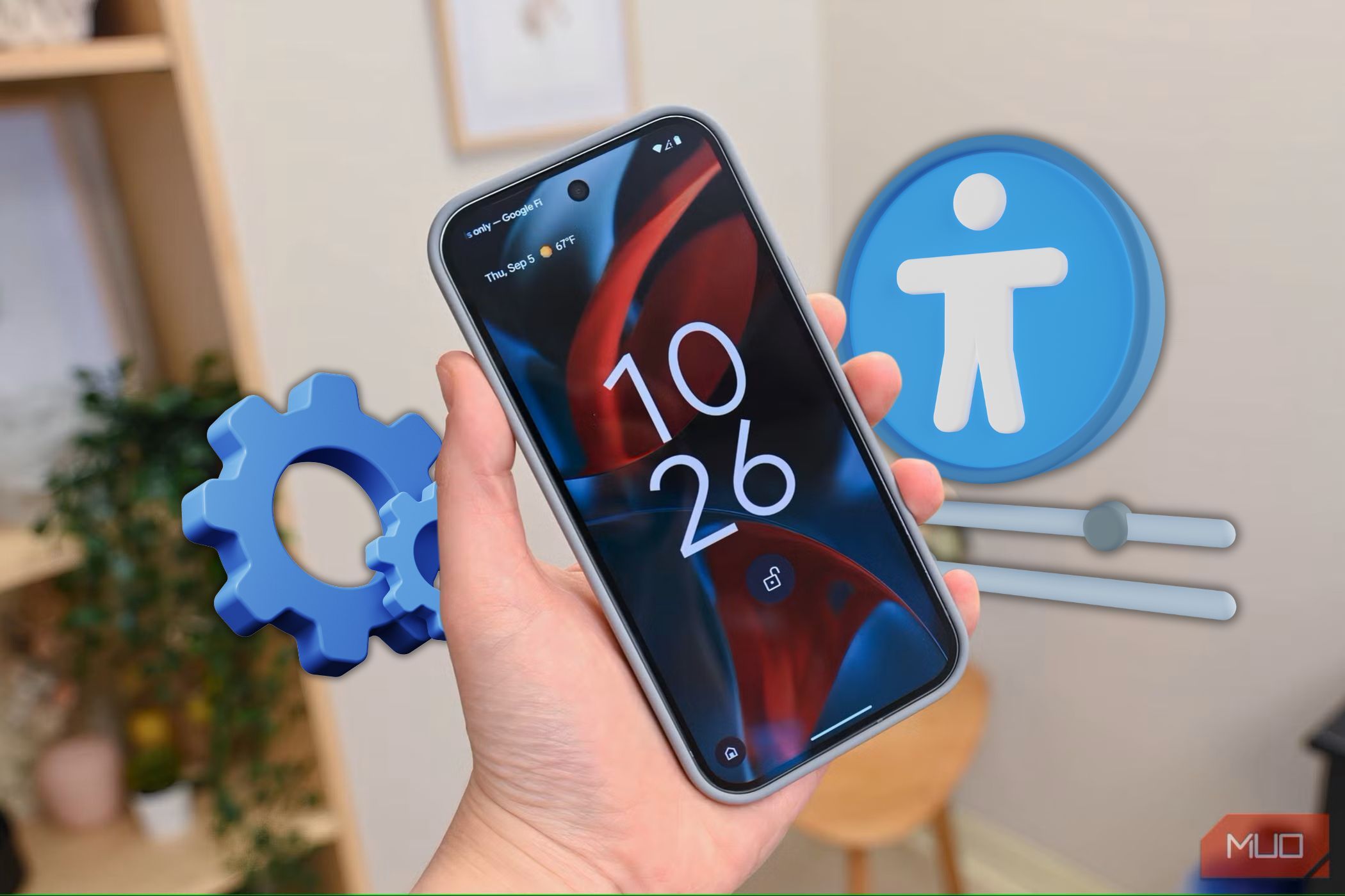 Hand holding Pixel phone with accessibility and gear icons in background