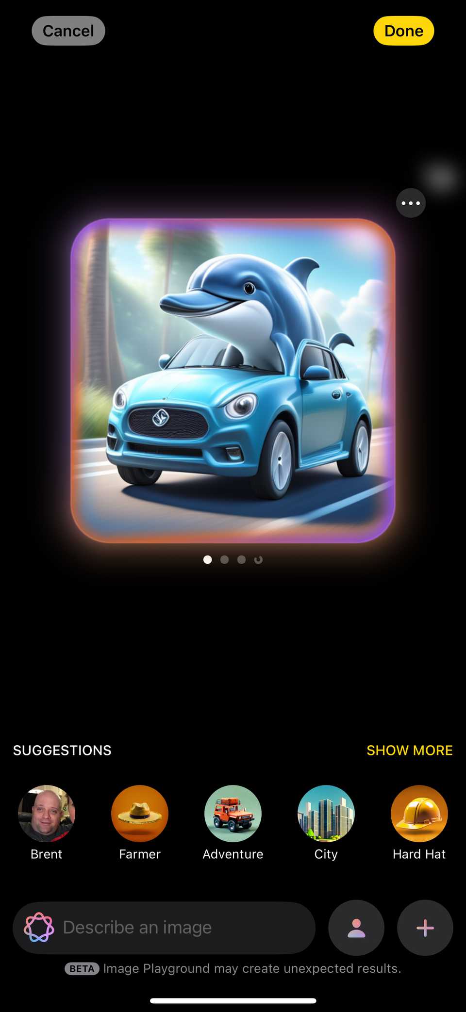 نتیجه Image Playground: دلفین سوار بر ماشین